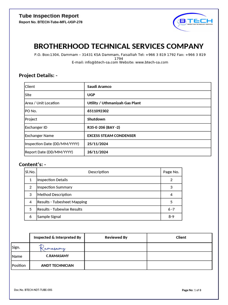 Tube Inspection Report for UGP Project | PDF