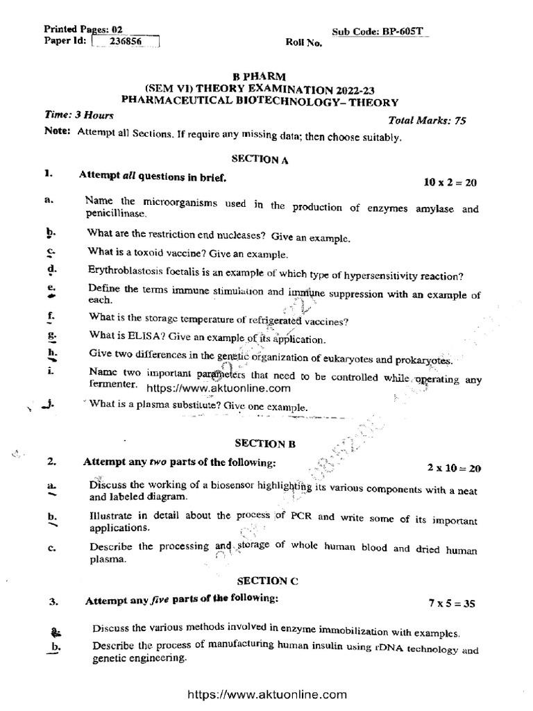 Bpharm 6 Sem Pharmaceutical Biotechnology v2 Bp 605t 2023 | PDF