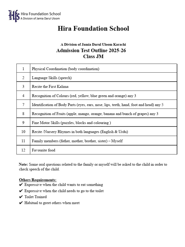 Hira Foundation School Admission Test 2025-26 | PDF