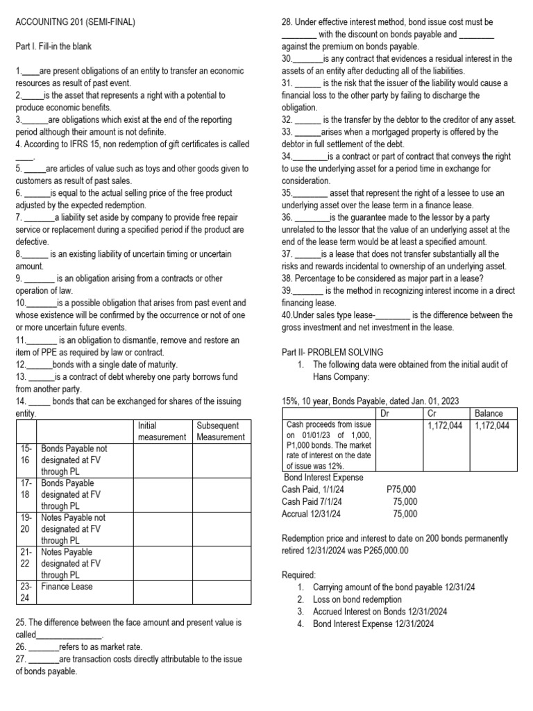 Accounting 201 Semi-Final Exam Guide | PDF | Bonds (Finance ...
