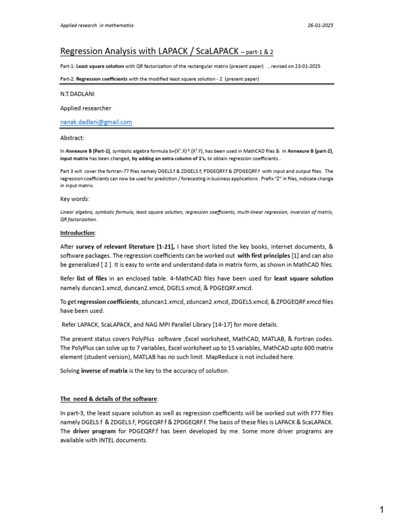 Regression Analysis With LAPACK/ScaLAPACK - Part 1 & 2 | PDF | Least ...