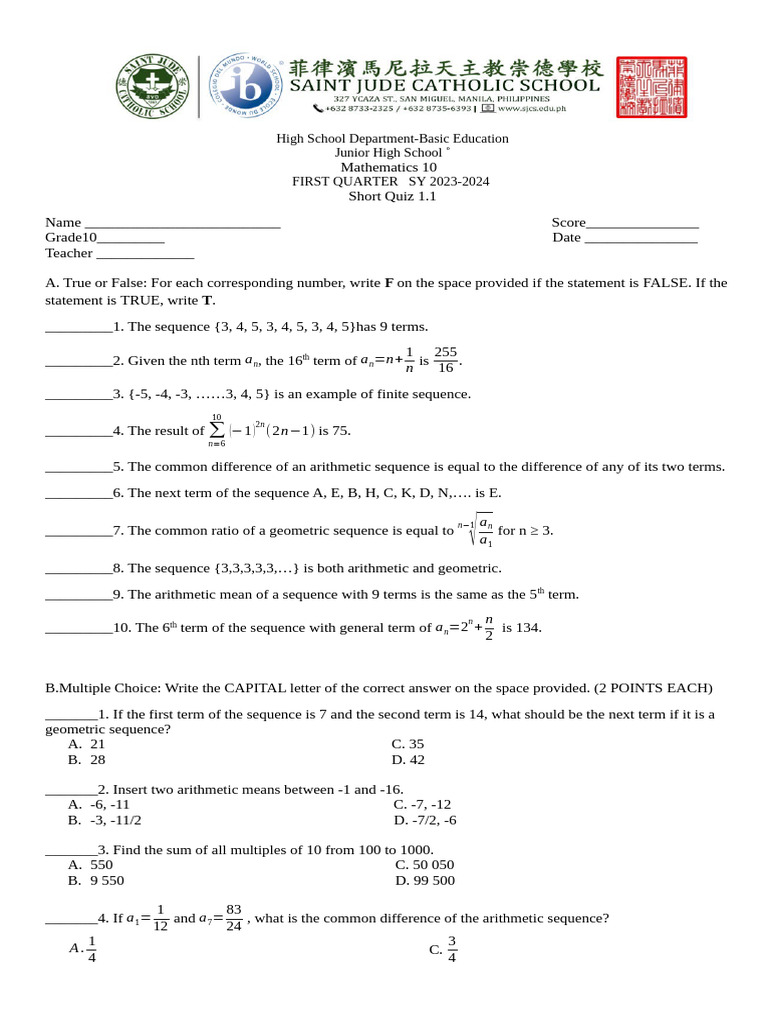 Grade 10 Math Quiz: Sequences & Series | PDF | Arithmetic ...