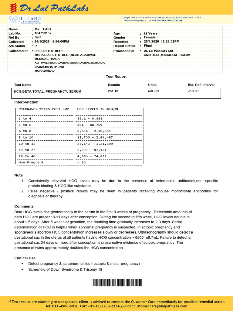 Beta HCG Pregnancy Test Report | PDF | Pathology | Human Chorionic ...