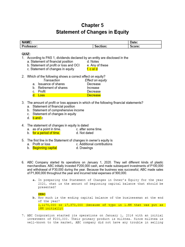 Statement of Changes in Equity Quiz | PDF | Expense | Cash Flow Statement