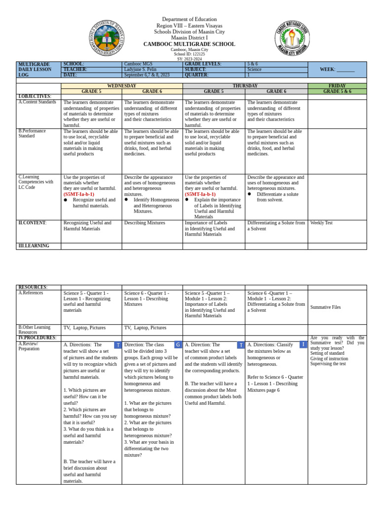 Grade 6 Science Daily Lesson Log | PDF | Mixture