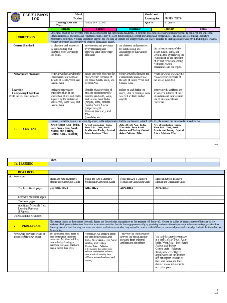 8th Grade MAPEH Arts Lesson Plan | PDF | Learning | Curriculum