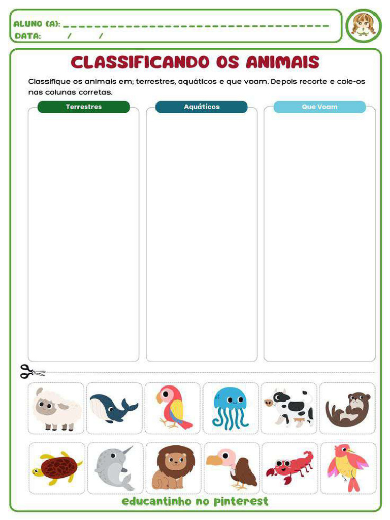 Atividade Educação Infantil - Classificando Os Animais (Terrestres ...