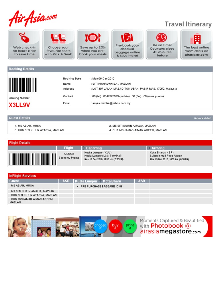 AirAsia Flight Itinerary Details | PDF | Baggage | Identity Document
