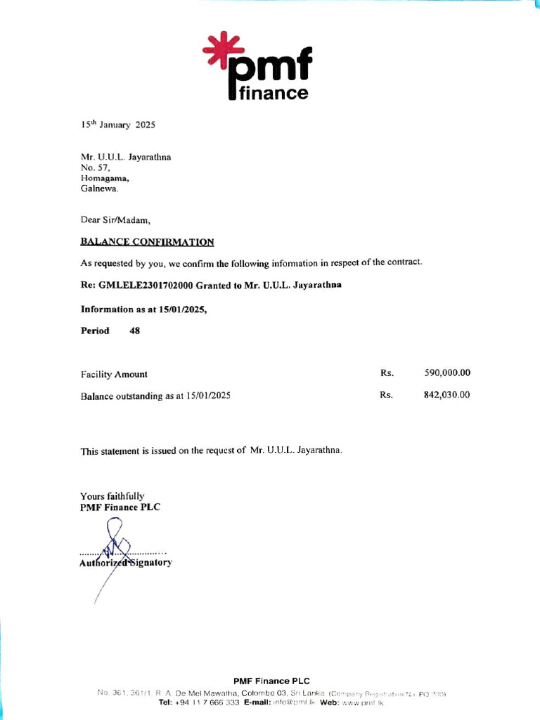 Balance Confirmation for Mr. Jayarathna | PDF