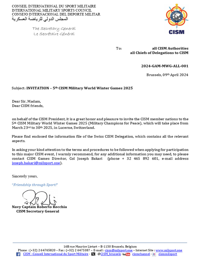 Invitation to CISM Winter Games 2025 | PDF | Switzerland | Snow