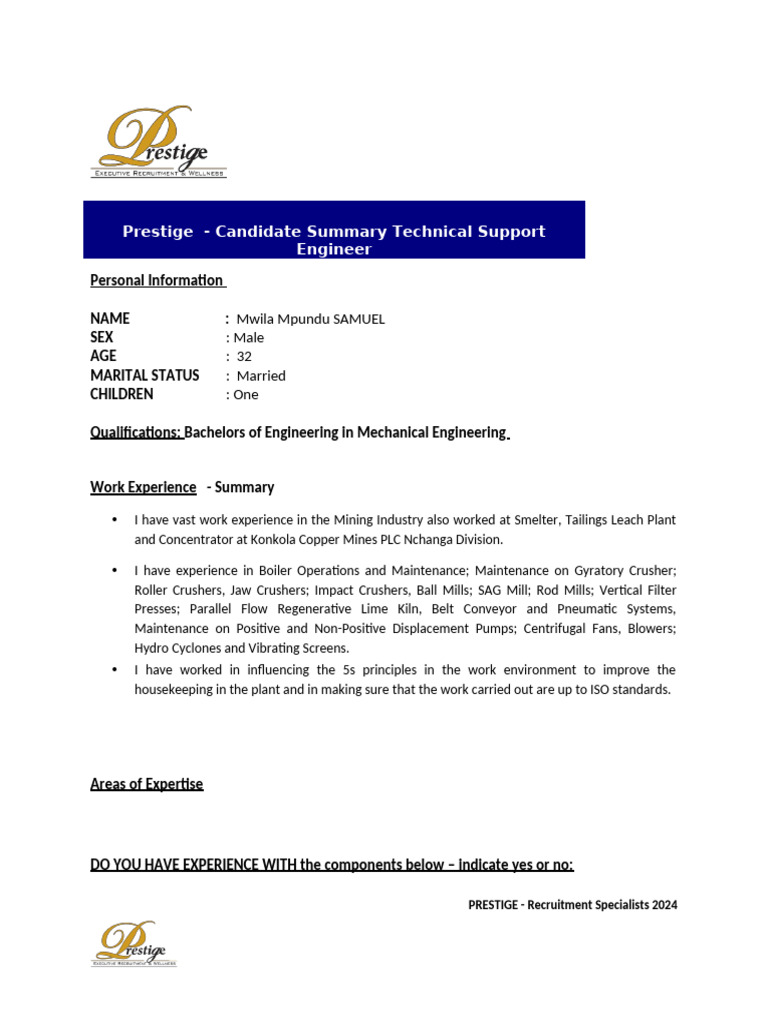 Mwila Mpundu Samuel: Technical Support Engineer Resume | PDF