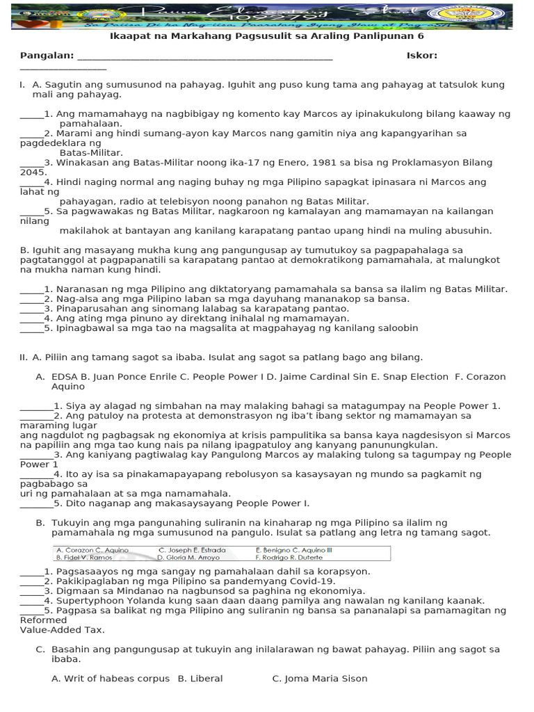 Periodical Test 4th Quarter in TLE 6 and AP 6 | PDF