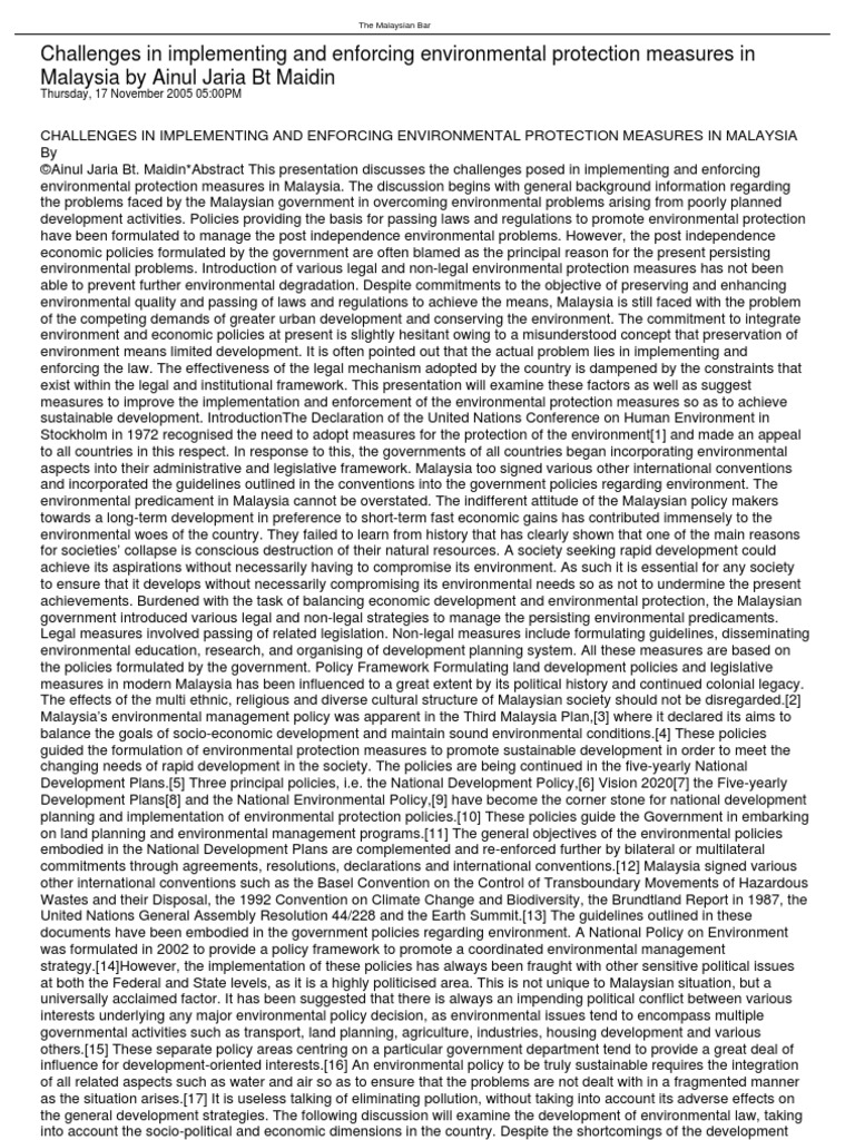 Challenges in Implementing and Enforcing Environmental Protection