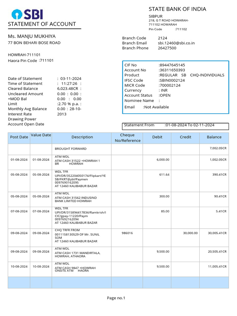 Bank Statement Summary for Account 36311650393 | PDF | Debits And ...