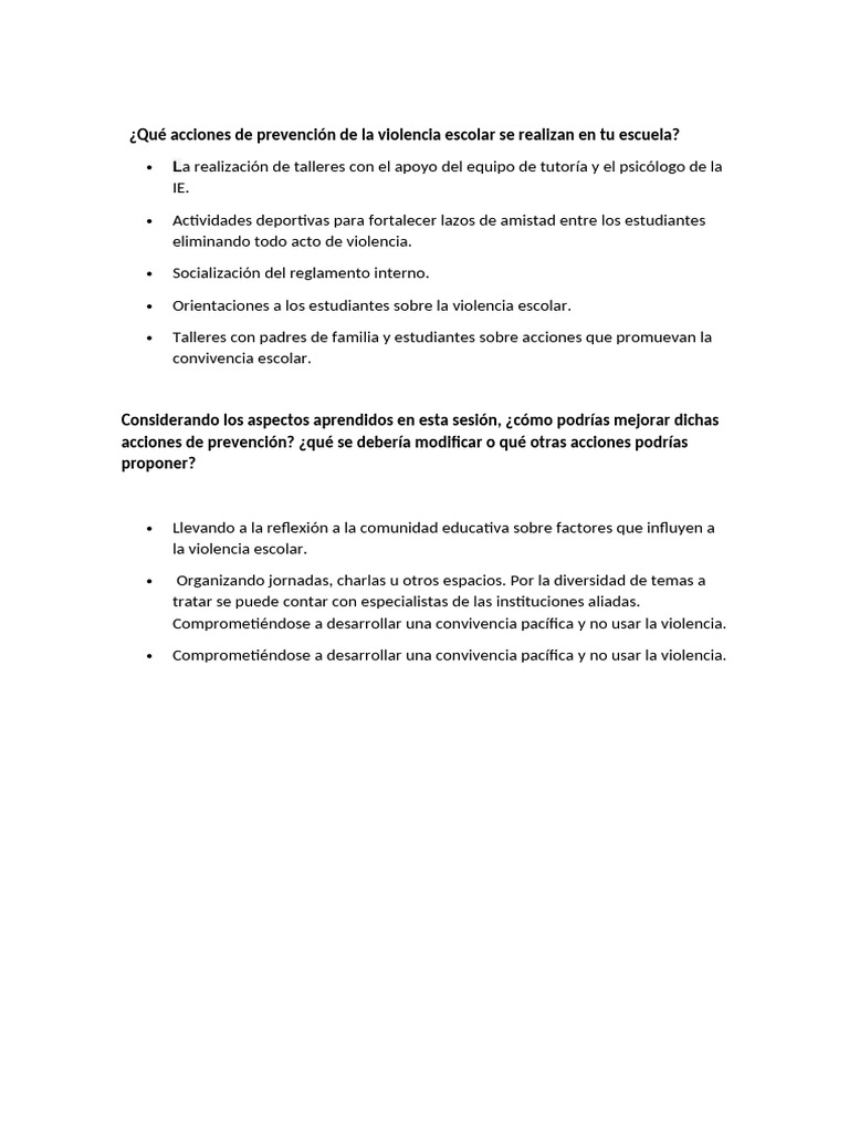 Qué Acciones de Prevención de La Violencia Escolar Se Realizan en Tu ...