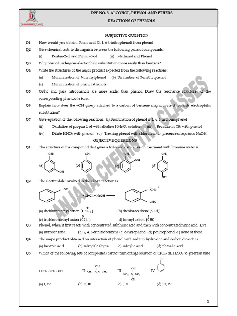 DPP No. 3 Alcohol, Phenol and Ethers - 30707950 | PDF | Methyl Group ...