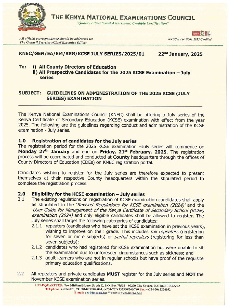 GUIDELINES ON ADMINISTRATION OF THE 2025 KCSE JULY EXAM CDEs | PDF