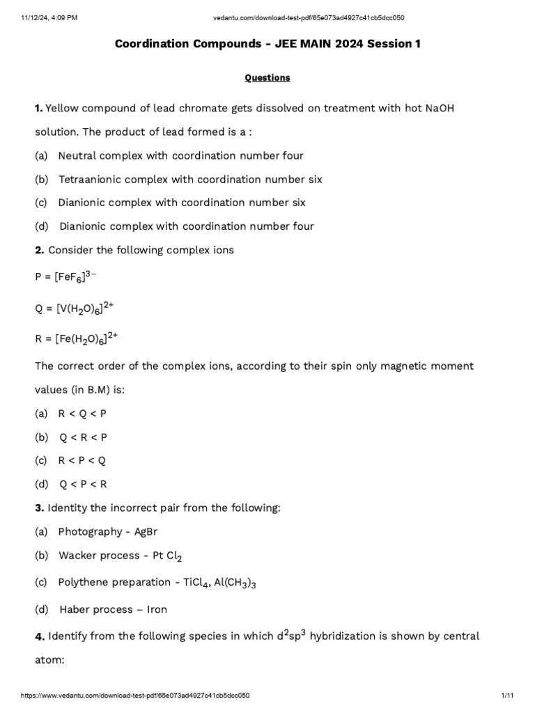 Jee Main 2024 Coordination Compounds Pyqs Pdf Ion Condensed