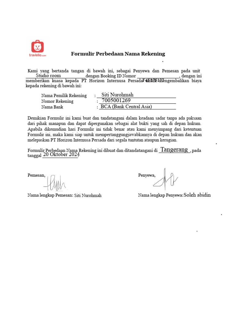  1 form perbedaan nama rekening travelio pdf