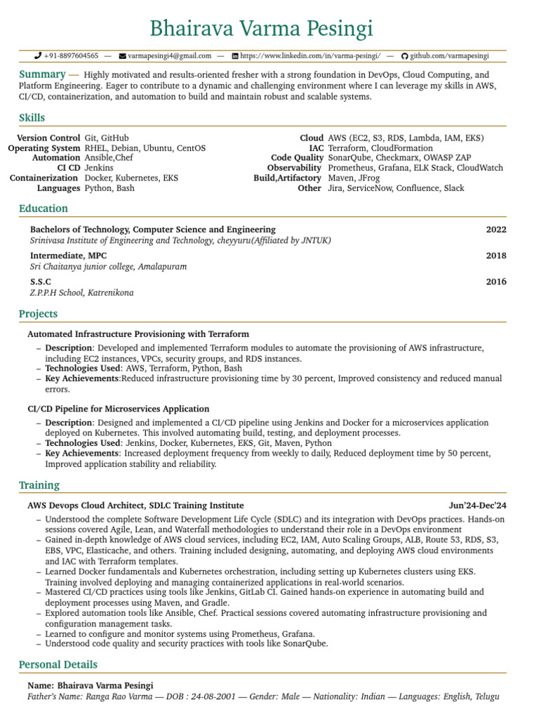 DevOps Engineer Resume - Bhairava Varma | PDF | Software Development ...