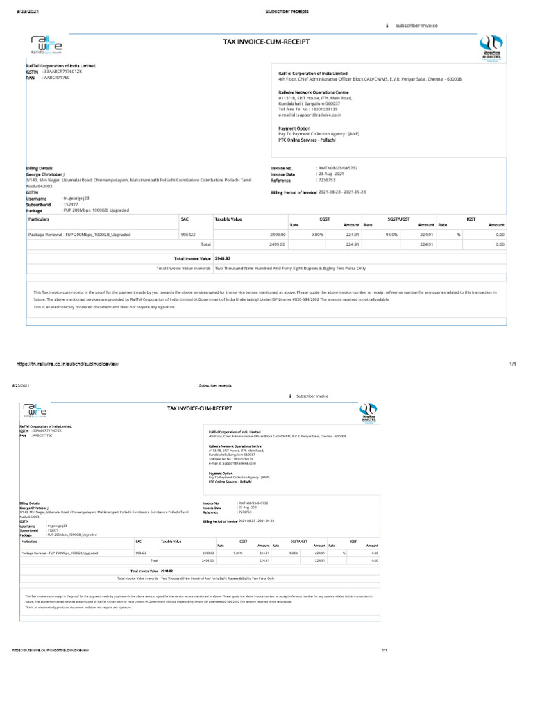 RailTel Subscriber Invoice Receipt | PDF | Receipt | Payments