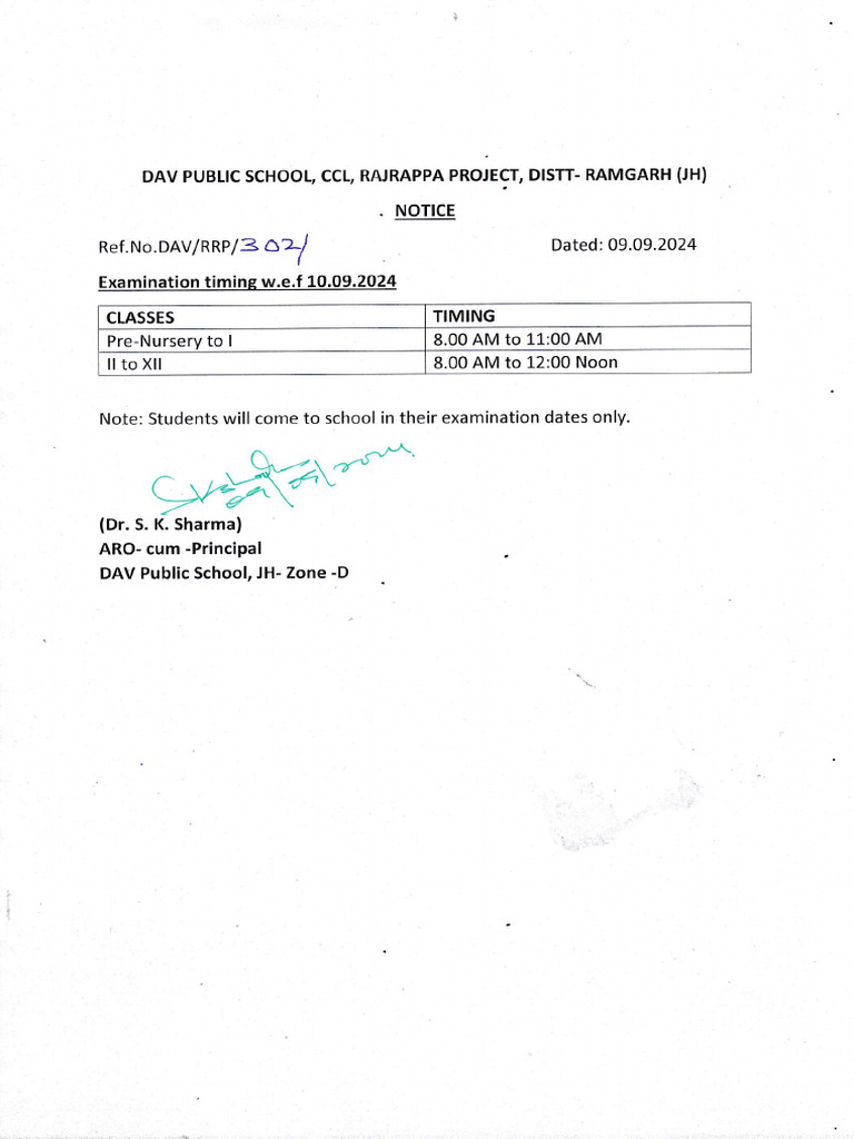 DAV Public School Exam Timing Notice | PDF