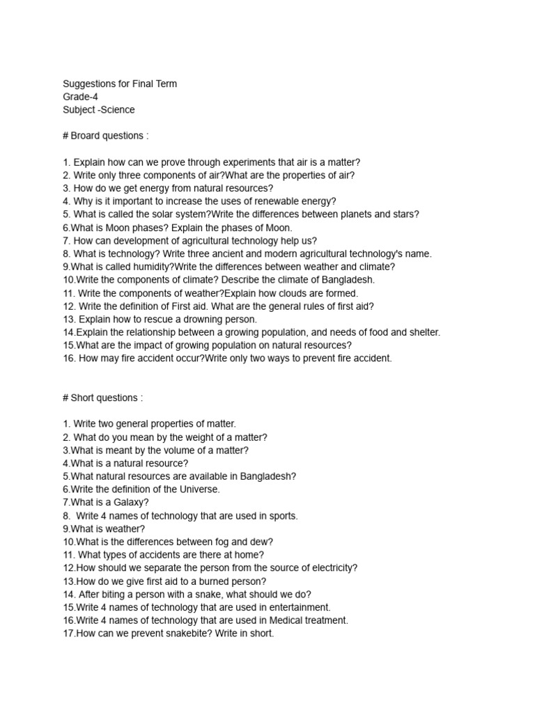 Class 4 Science Exam Questions | PDF