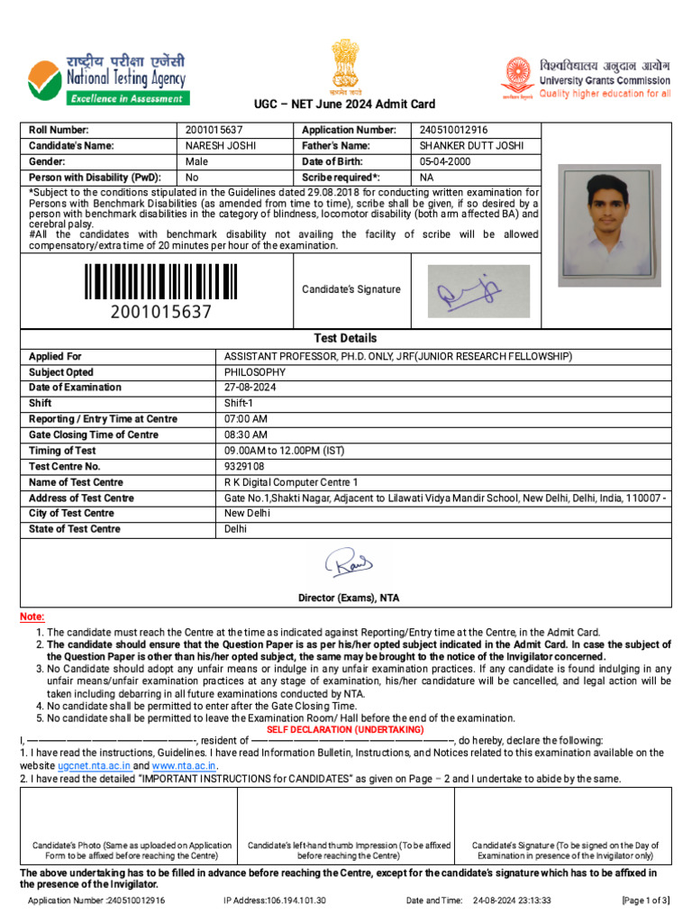 UGC NET Re-Exam 27th August 2024 | PDF | Identity Document