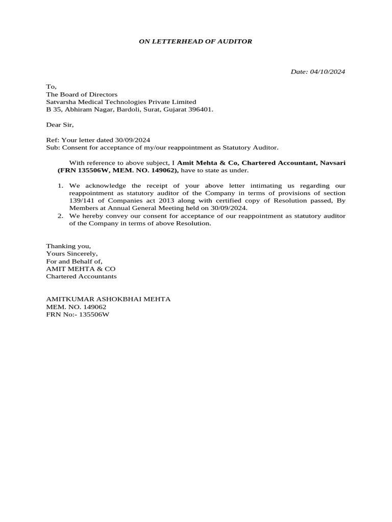 Auditor Reappointment Consent | PDF | Business | Accounting