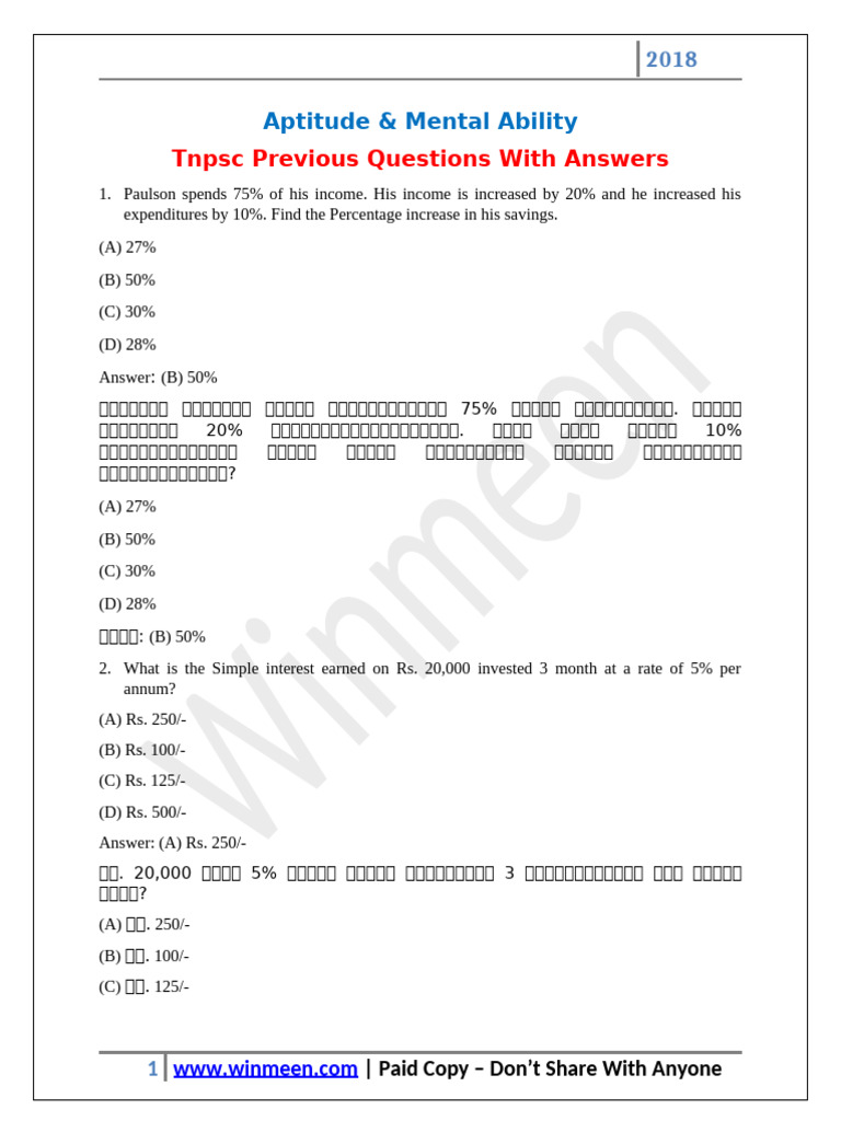 TNPSC Aptitude Mental Ability Previous Questions With Answers | PDF