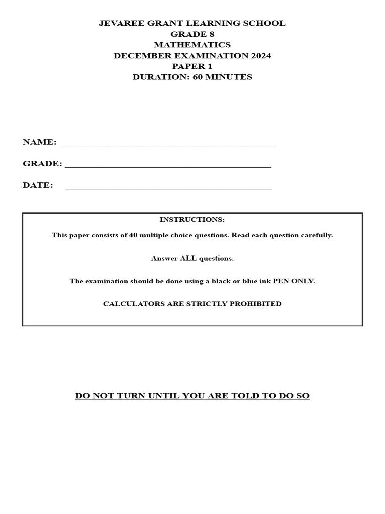 Grade 8 Mathematics December Exam 2024 | PDF | Numbers | Arithmetic