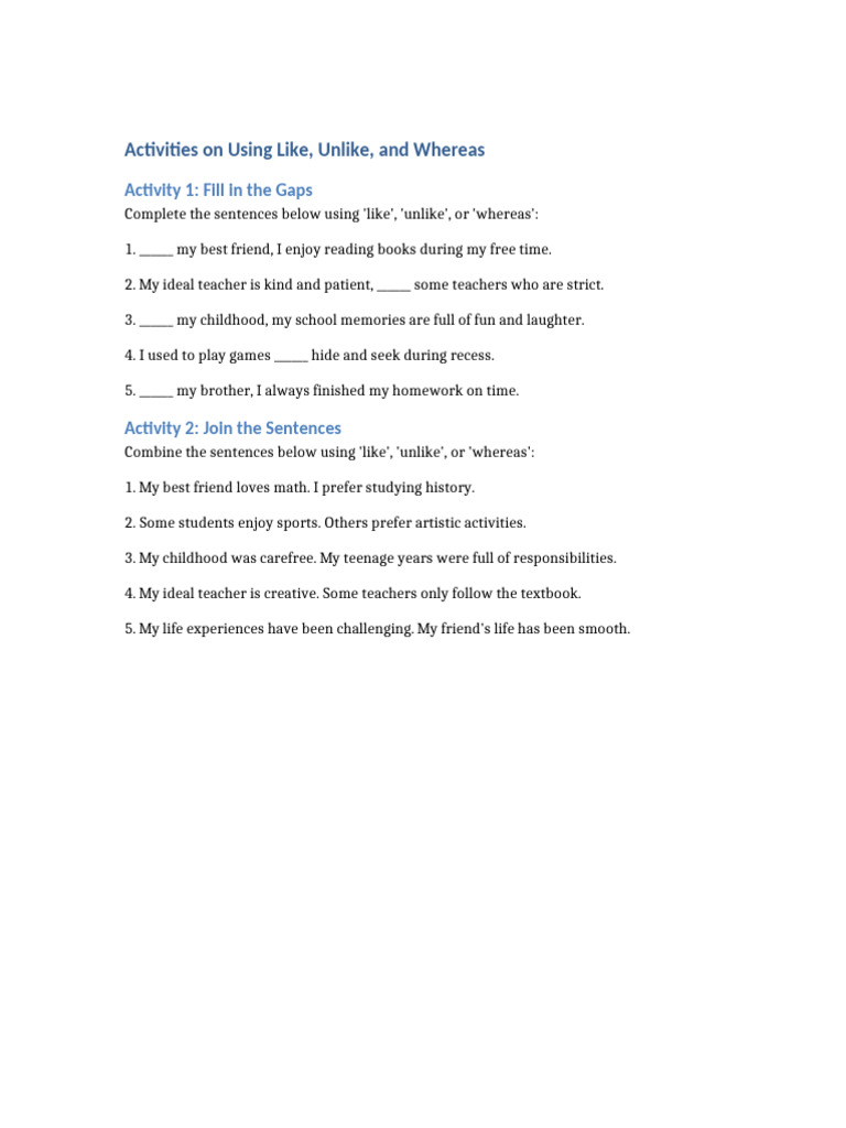 Activities on Like, Unlike, and Whereas | PDF