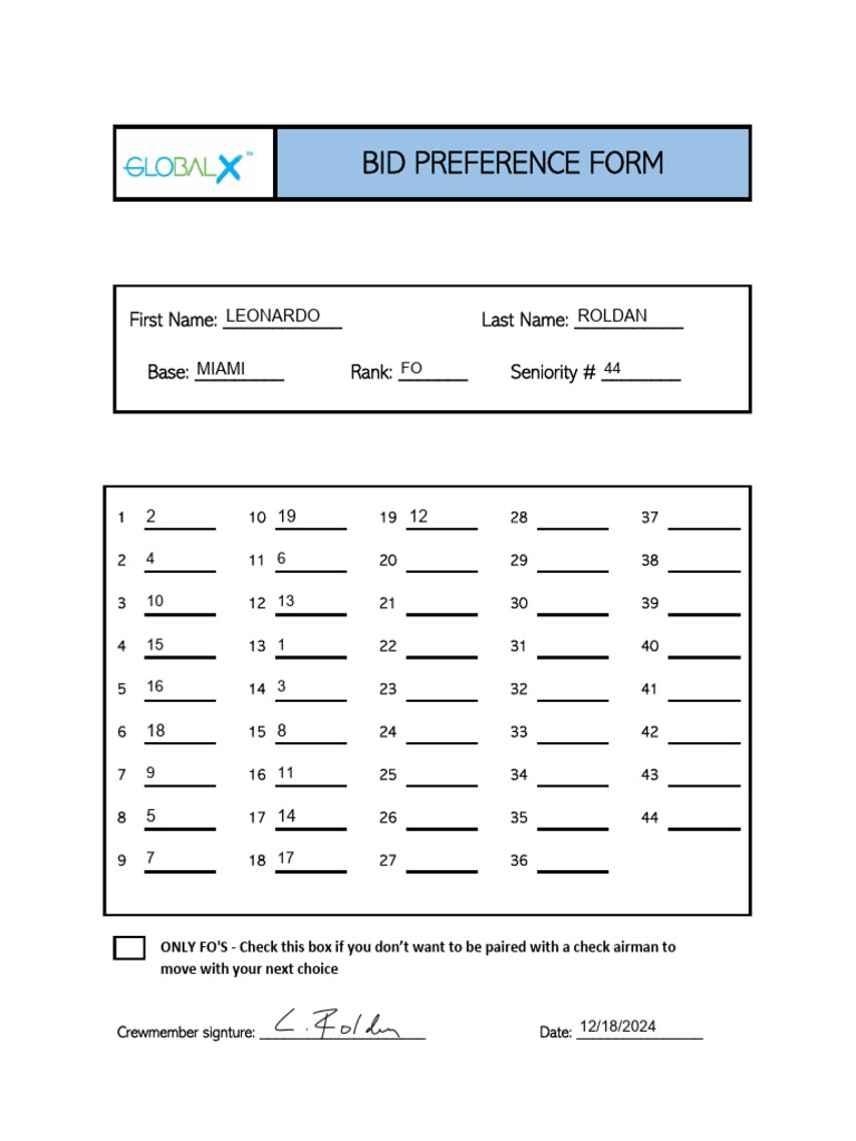 Bid Preference Form for Crew Members | PDF