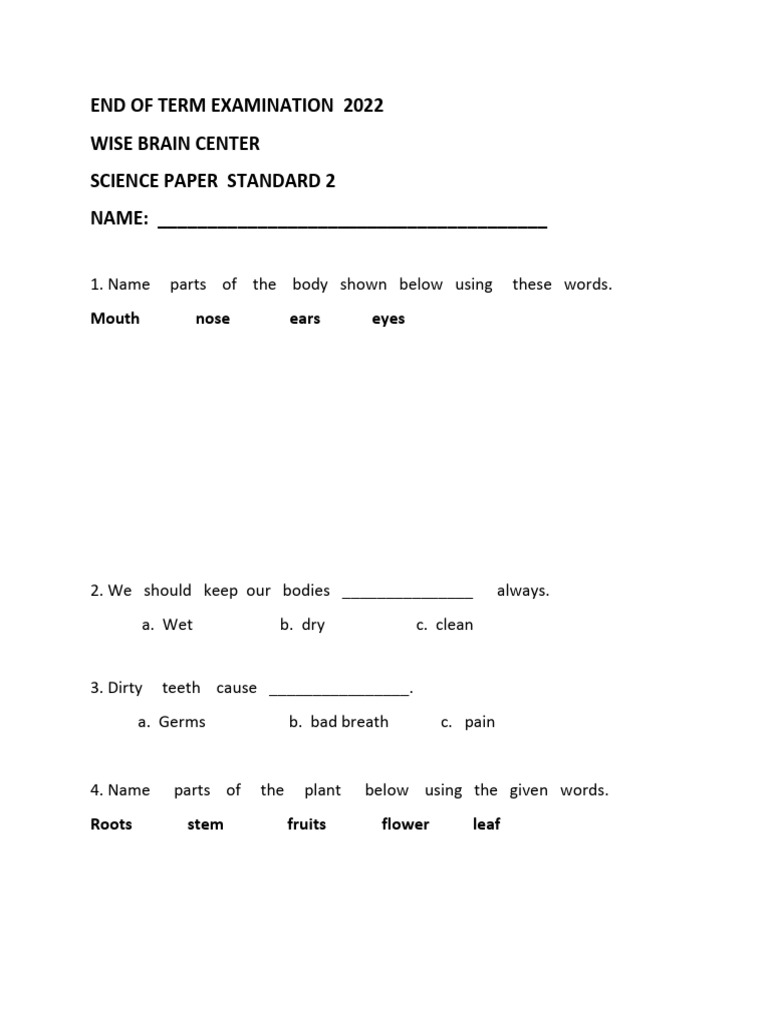 Grade 2 Science Exam Paper 2022 | PDF | Foods | Plants