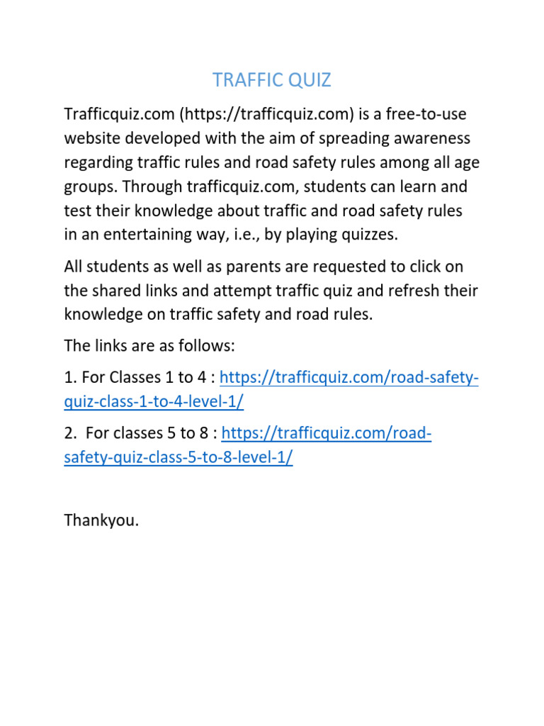 Traffic Safety Quizzes for Students | PDF