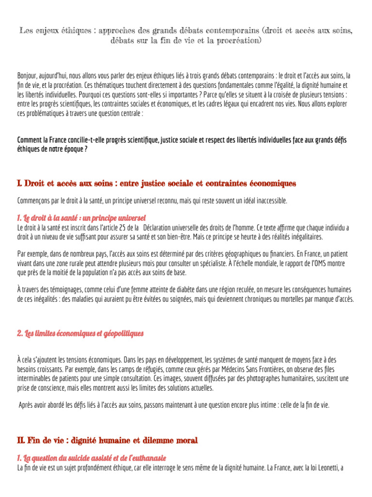 Enjeux éthiques : soins, fin de vie, procréation | PDF | Procréation ...