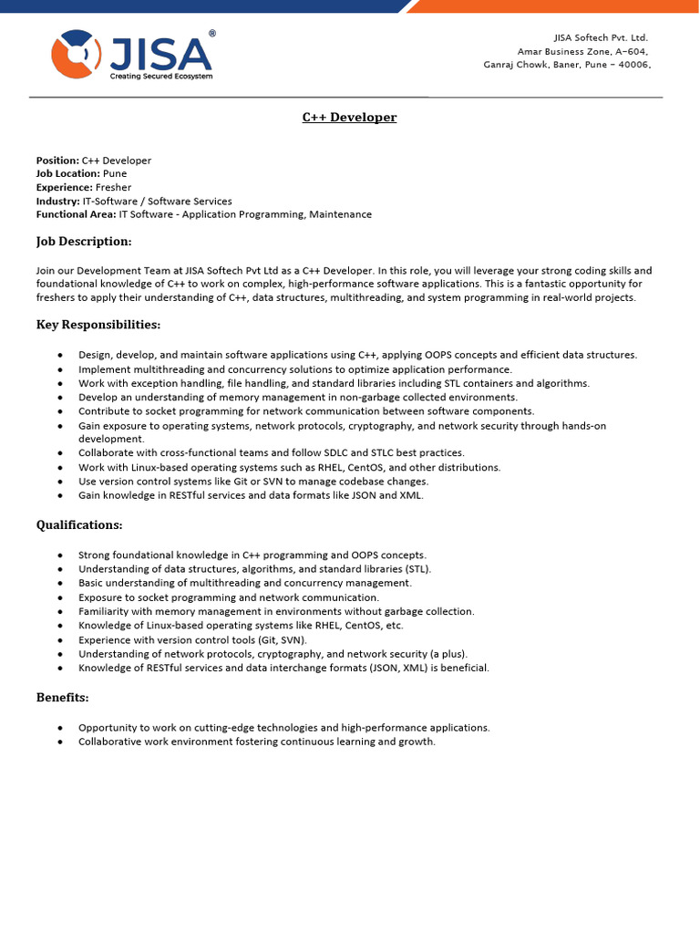 C++ Developer Job Opening in Pune | PDF | C++ | Computer Programming
