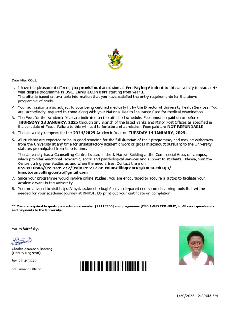 KNUST Provisional Admission Letter | PDF