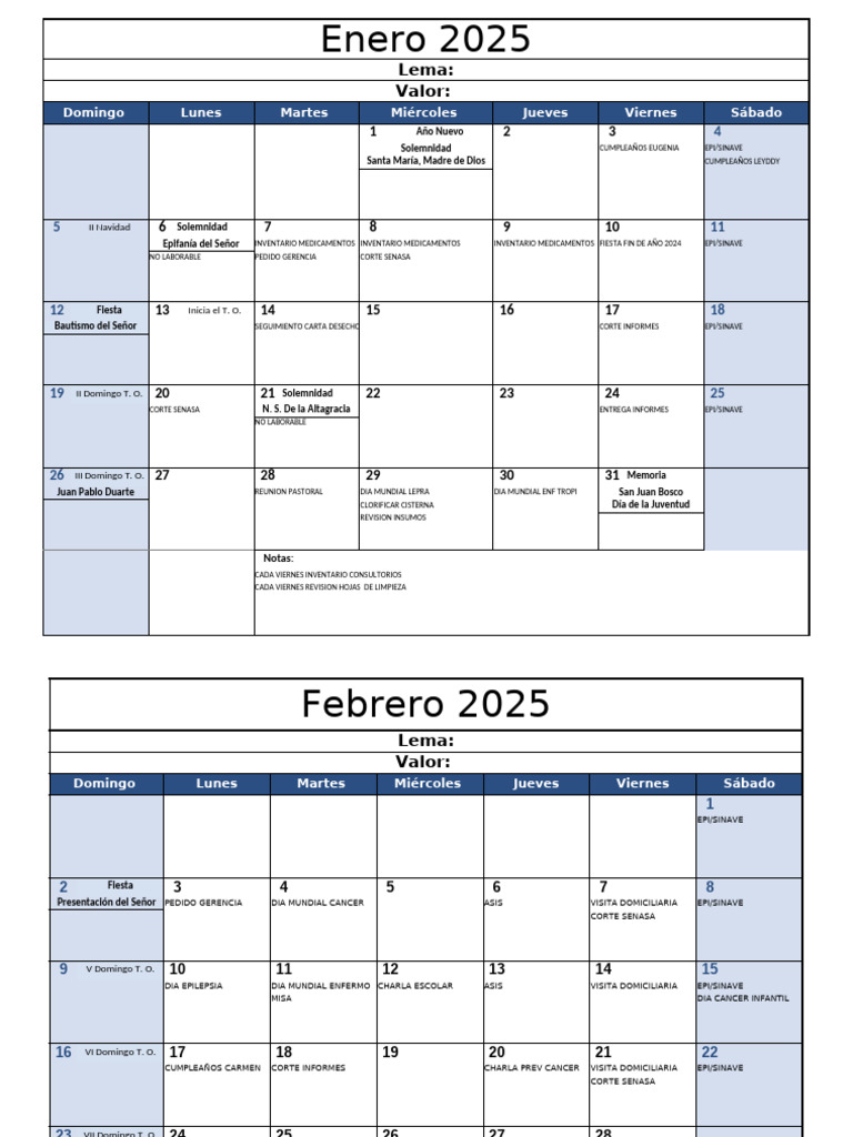 Calendario de Actividades 2025 | PDF | Prestado | Fiestas cristianas y ...