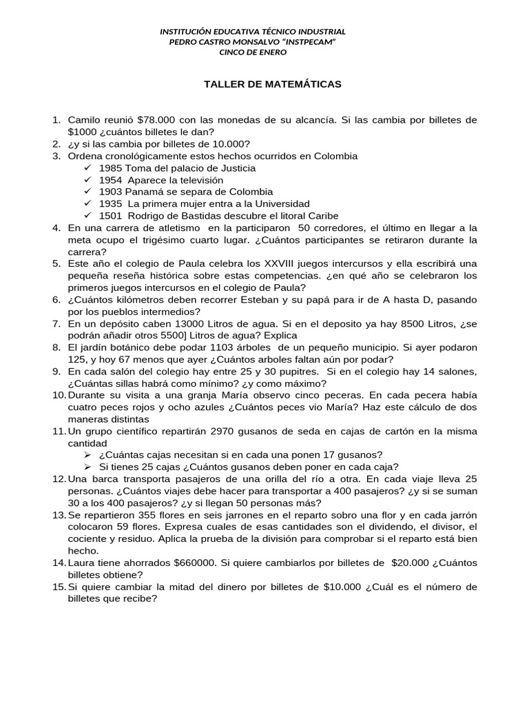 Taller de Matemáticas | PDF | División (Matemáticas)