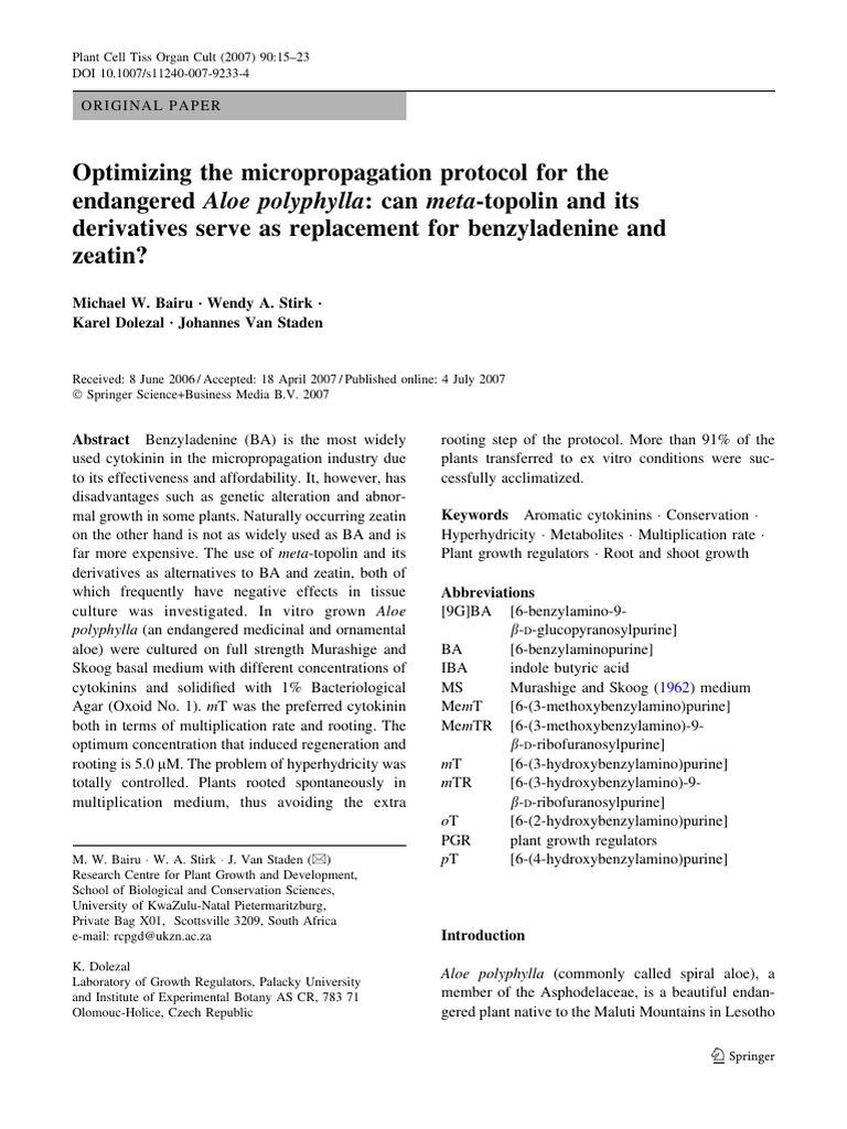 39 Aloeandm TPlant Cell Tiss Org Cult 2007 | PDF | Plant Hormone | Botany