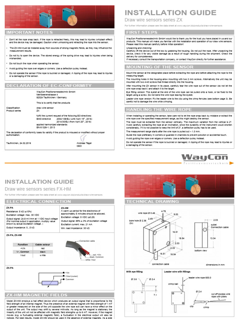WayCon ZX Draw Wire Sensor Guide | PDF | Rope | Magnet