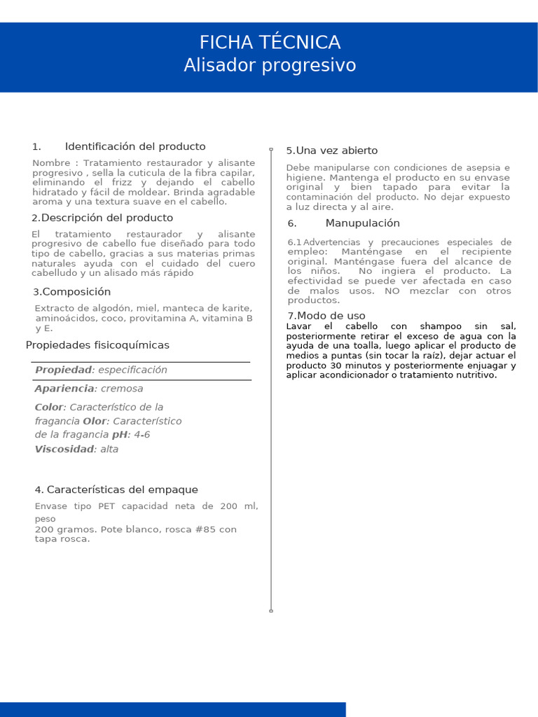 Ficha Técnica - Alisador Progresivo | PDF | Pelo