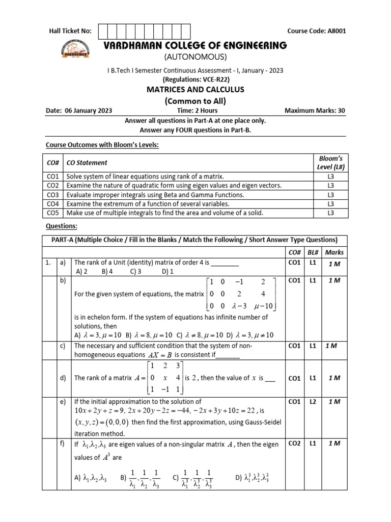 B.Tech Matrices and Calculus Exam 2023 | PDF | Eigenvalues And ...
