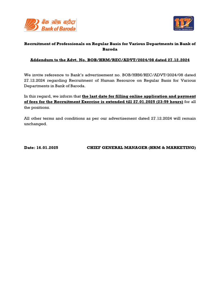 Addendum Dated 16-01-2025 Extension of Last Date For 16 24 | PDF