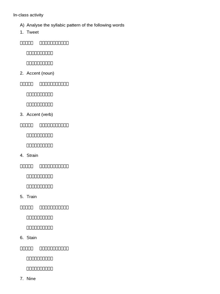 Syllabic Pattern Analysis Activity | PDF | Stress (Linguistics) | Oral ...