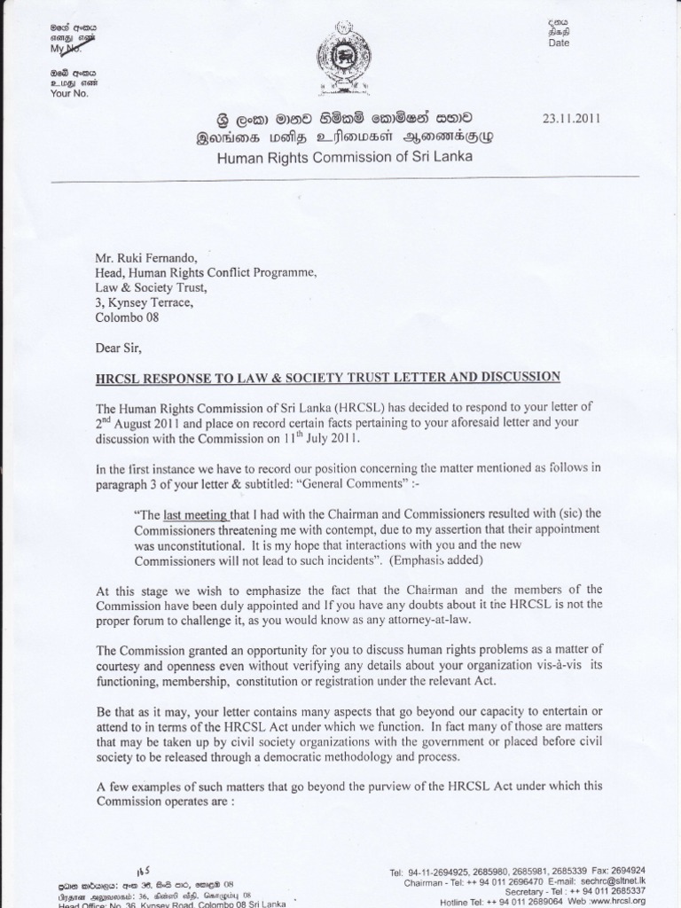 Letter From The NHRCSL To Ruki-23.11 | PDF | Human Rights | Government