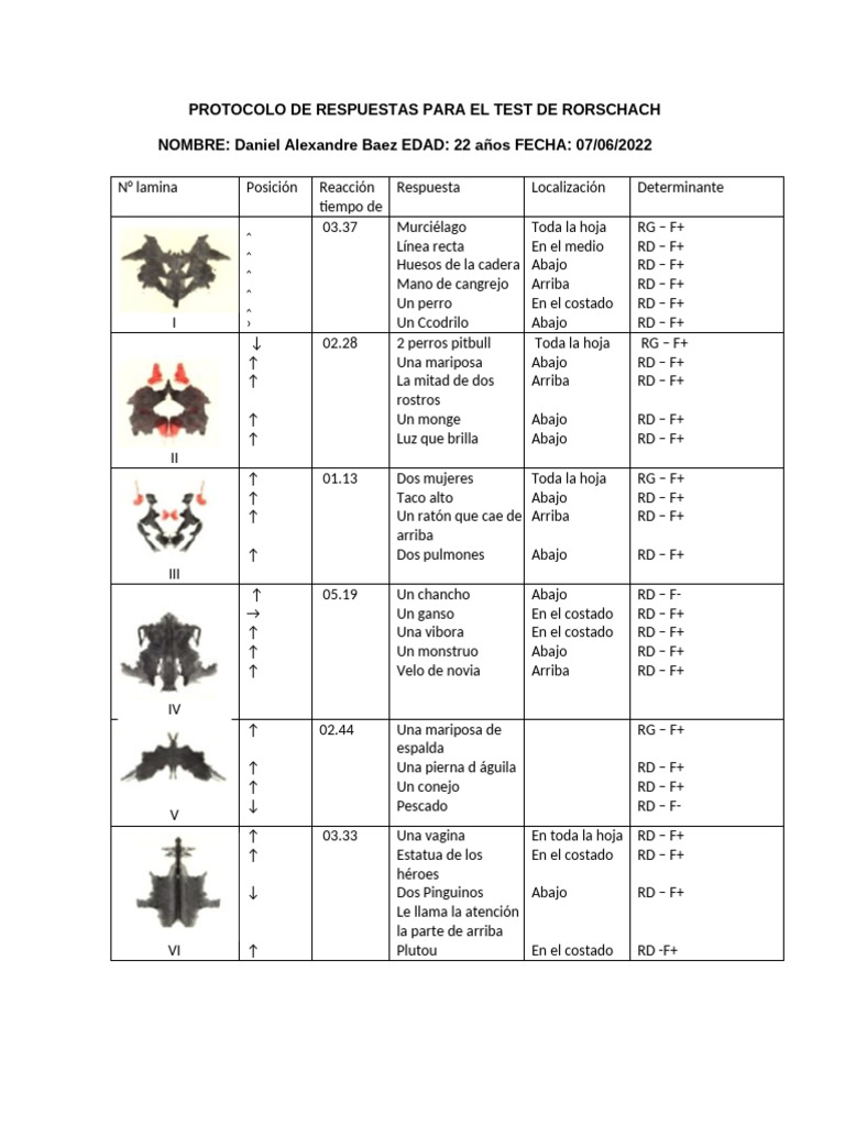 Protocolo Test Rorschach: Resultados y Análisis | PDF