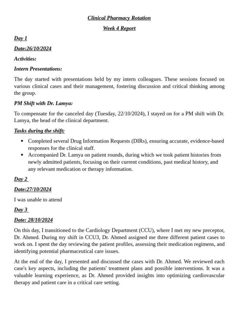 Clinical Pharmacy Rotation Week 4 Summary | PDF