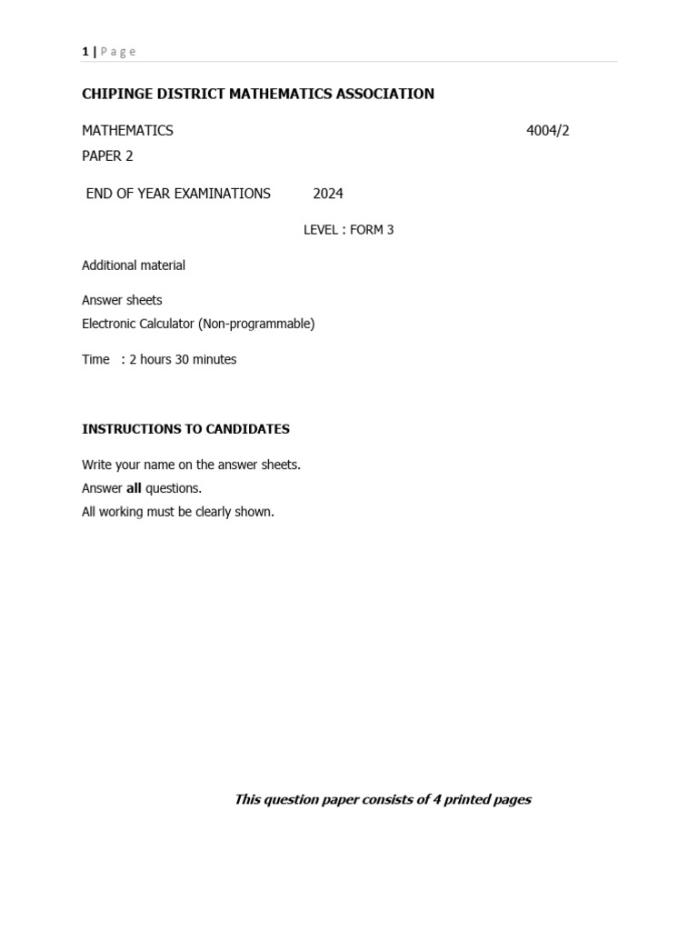 Chipinge District Mathematics Form 3 Paper 2 End of Year 2024 | PDF ...